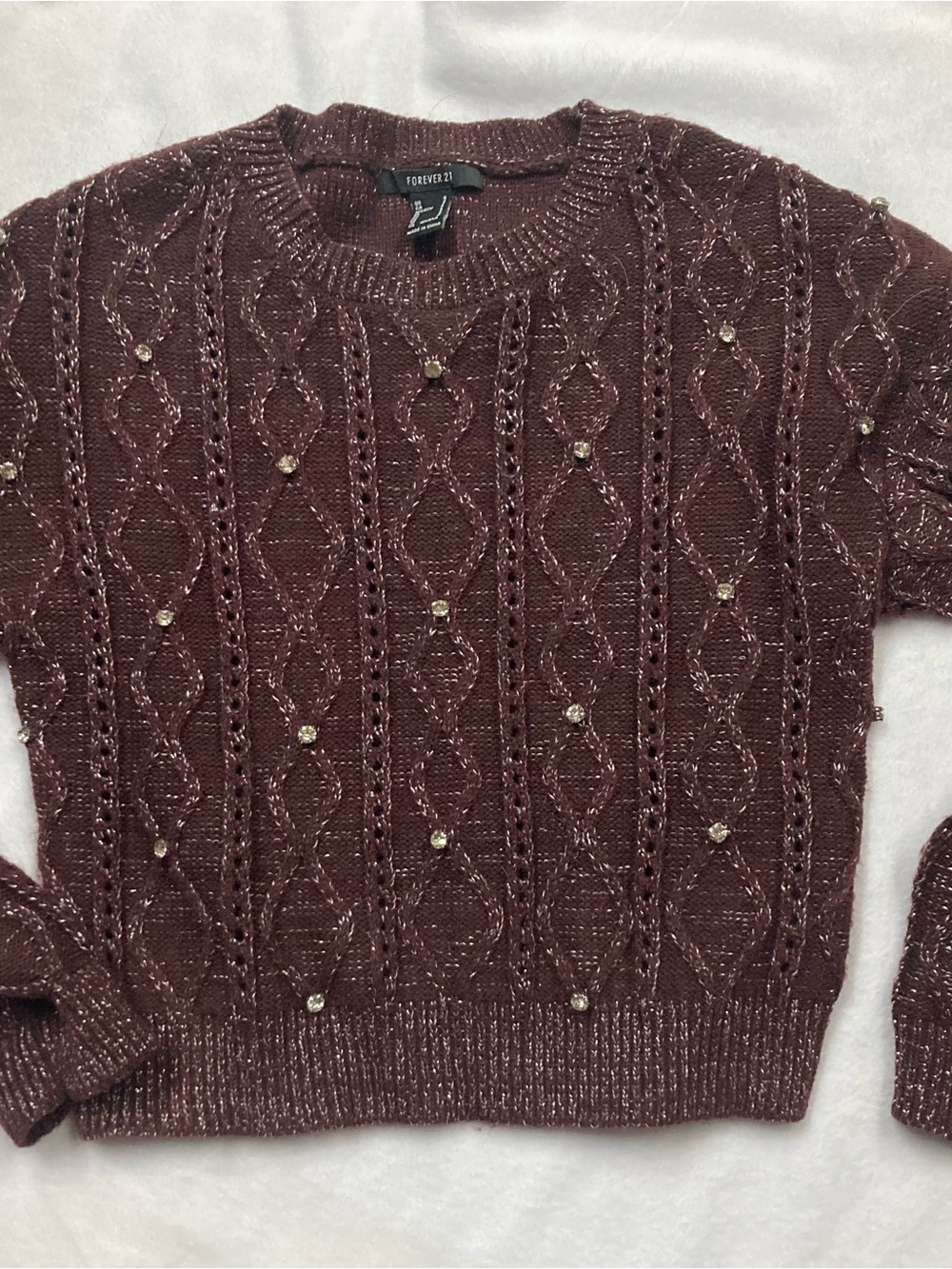 Forever 21 Sparkle-Thread Wine Crewneck Sweater with Bead Accents